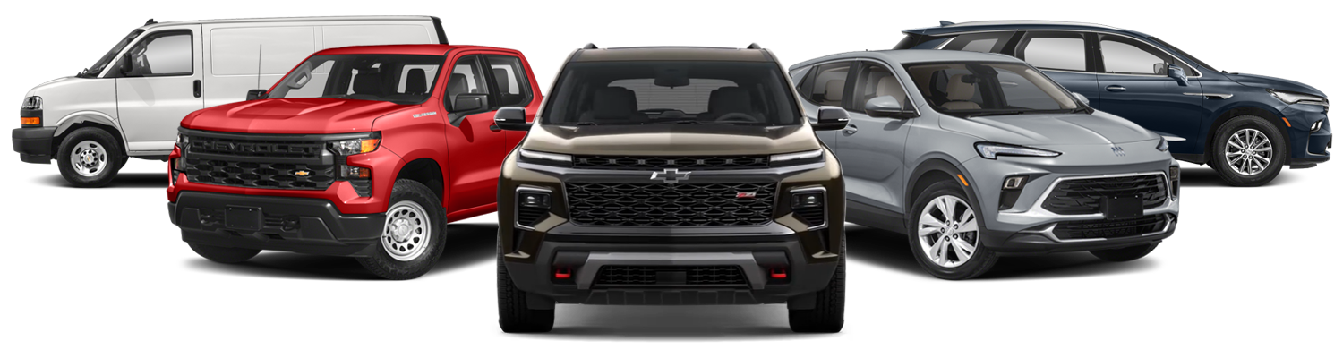 Lineup of five Chevrolet cars showcasing different models and colors.